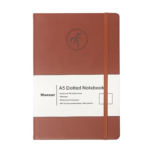 WANSAR A5 Dotted Notebook (Brown) - Sized 8.3-5.5 inches -192 pages of Excellent Quality, Dotted Journal is Perfect for Notes Keeping, Sketching and To Zero your ideas