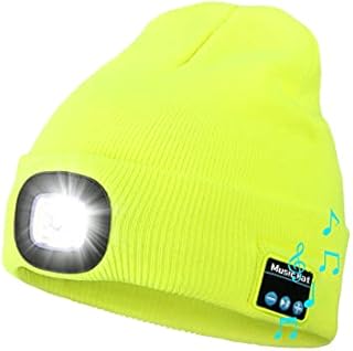 Bluetooth Torch Headlight, for Men, USB Rechargeable Wireless Headphone Running Hats, Unisex Outdoor Warmer Knit Beany with 8 LED Lights, Washable Yellow