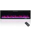 COSTWAY Electric Fireplace 60-Inch, 750W/1500W Recessed and Wall Mounted Linear Fireplace Heater with Crystal Stones, Remote Control, 8H Timer, Adjustable Flame Color, Brightness, Speed, Black
