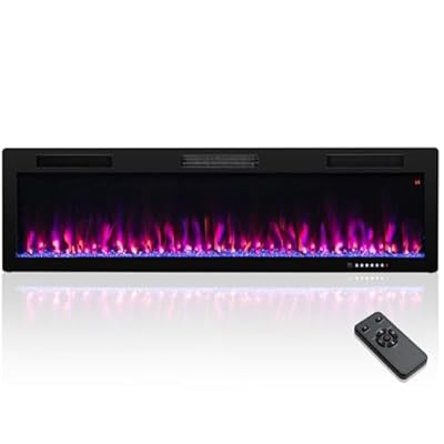 COSTWAY Electric Fireplace 60-Inch, 750W/1500W Recessed and Wall Mounted Linear Fireplace Heater with Crystal Stones, Remote Control, 8H Timer, Adjustable Flame Color, Brightness, Speed, Black
