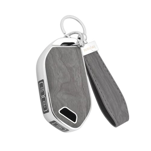 Image of Keyzone Woodgrain TPU Key Cover & Keychain for Kia Seltos 2026, Syros, EV6, EV9 Smart Key (Oak Grey)