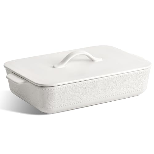 Casserole Dish With Lid, Ceramic 9X13 Casserole Dish For Oven, Rectangular Bakeware, Large Baking Dish With Handles For Holiday Cooking, Roasting, Baking, Oven & Microwave Safe (White)