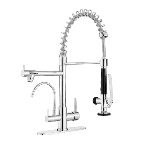 Image of Fapully 3 in 1 Kitchen Faucet with and Pull Down Sprayer, Chrome | Water Filler Faucet, Commercial Kitchen Sink Faucet with Drinking Water Faucet for 1 or 3 Holes Sink