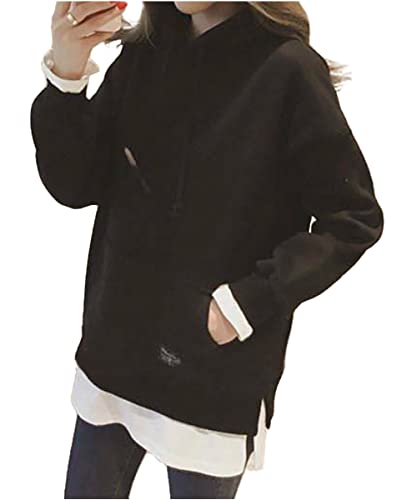 フード付きパーカー 裏起毛 フェイクパーカー トレーナー プルオーバー レディース ブラック L