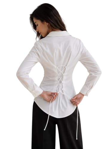 Image of OOMPH! Women's Cotton Solid Corset Style Shirt | Back Lace-Up Tie-Up Cinched Waist | Full Sleeve Button-Down Formal Office & Smart Casual Shirt