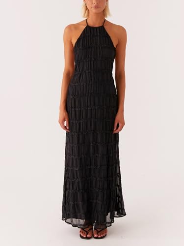 Image of Women Summer Halter Neck Maxi Dress Flowy Ruffle Tiered Sleeveless Sundress Boho Backless Spaghetti Strap Long Dress