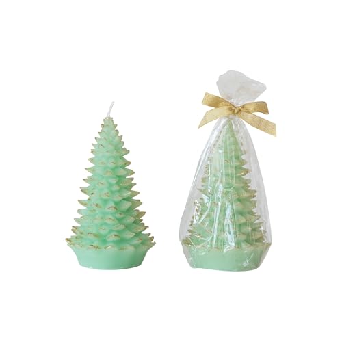 Creative Co-Op Tall Holiday Tree Shaped Candle with Gold Tips, Mint Color