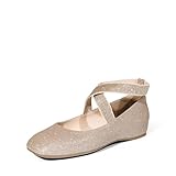 DREAM PAIRS Women's Ballet Flats, Comfortable Slip-On Square Toe Dress Shoes with Elastic Ankle Straps, SDFA2401W Size 10 Gold-Glitter