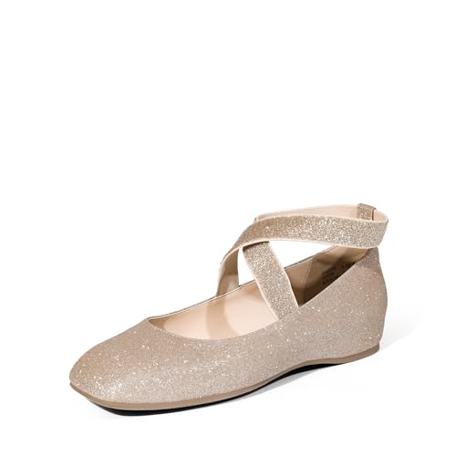 DREAM PAIRS Women's Ballet Flats, Comfortable Slip-On Square Toe Dress Shoes with Elastic Ankle Straps 6 Gold-glitter