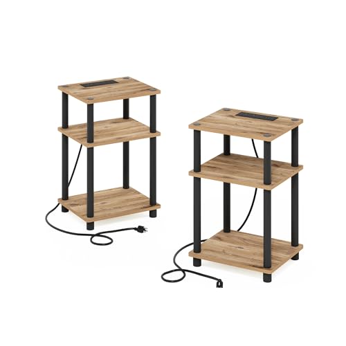 Image of Furinno Just 3-Tier Turn-N-Tube USB and Type-C Charging Port End Table with Open Storage, Flagstaff Oak /Black, Set of 2