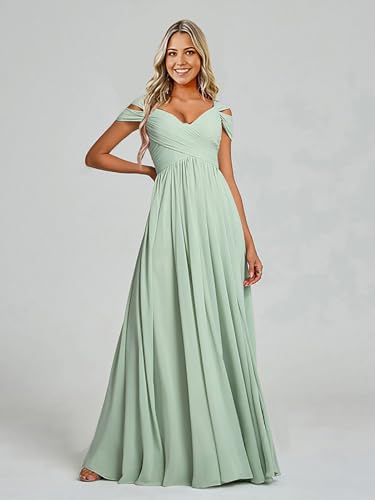 Cold Shoulder Chiffon Bridesmaid Dresses for Women Long Evening Dress Ruched Formal Gown with Slit WN0043