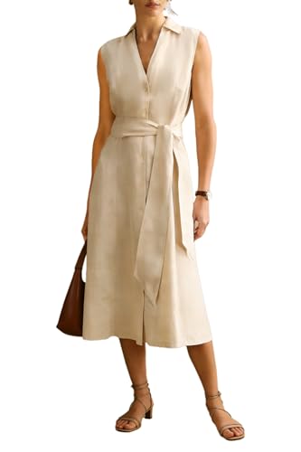 Women'S Sleeveless Linen Shirt Dress, Button Front With Belt, Midi Length, Collared (Us, Alpha, Small, Regular, Regular, Linen)