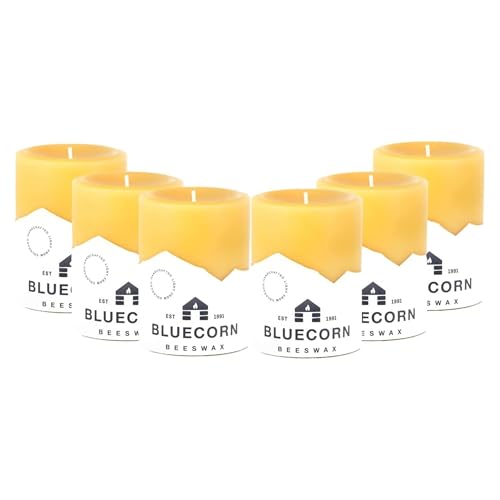 Bluecorn Beeswax 100% Pure Beeswax Pillar Candles | Natural Beeswax Candles, Unscented Yellow Candles | Soy, Paraffin, & Fragrance Free | 3x4, 60 Hour Burn Time, Bulk 6-Pack | Handmade in Colorado