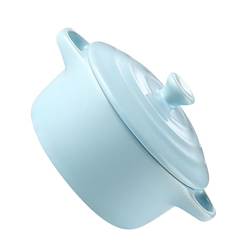 VOSAREA 230ml Double Handle Ceramic Stew Bowl with Lid Microwave Oven Compatible Light Blue for Home Kitchen Soups and Stews