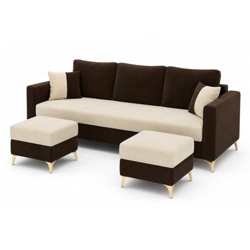 Image of Classiq Rich 5 Seater L Shape Sofa Set with 2 Movable Ottomans | Flexible Layout | Rich Velvet Suede Fabric | Silver Legs | Dual Tone Modern Sofa for Living Room (Dark Brown-Cream)