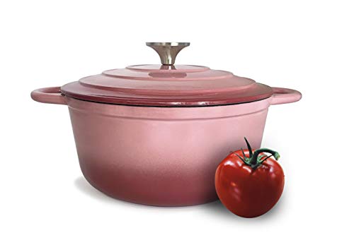 Smith-Style Schmortopf aus emailliertem Gusseisen, mit Deckel, für Backofen, 24 cm, rund, Antihaftbeschichtung, mit Keramik- und Emaille-Beschichtung, für Kochen, Grill, Rosa 3,7 l Cover