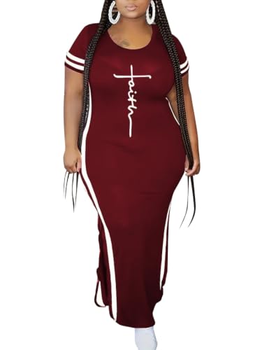 Image of PINSV Women Plus Size Maxi Dress Summer Short Sleeve Split Long Dress