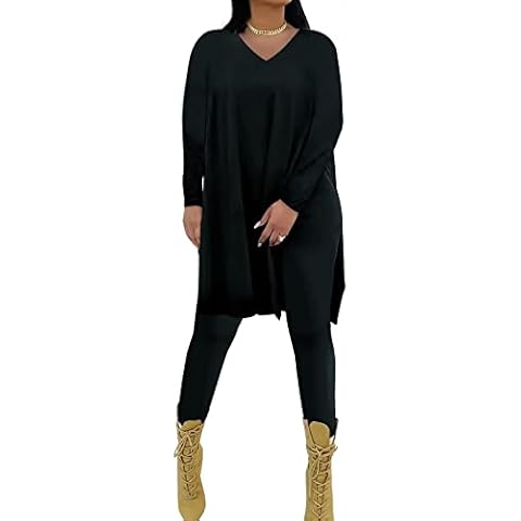 Volemo Casual Plus Size 2 Piece Outfits for Women V Neck Long Sleeve Loose Top Legging Tracksuits Sets, Black, Small Cover