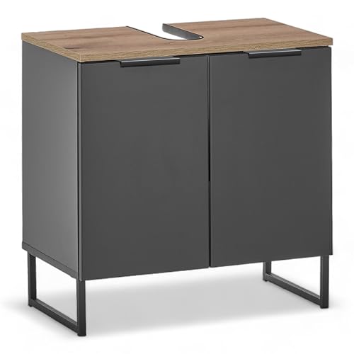 Stella Trading Denver Lavabo Color Negro/Aspecto Certificado FSC, Armario bajo el baño con Mucho Espacio de Almacenamiento, Madera de ingeniería, Black Evoke Roble, Waschbeckenunterschrank 60 cm