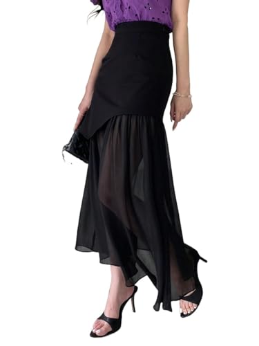 Solid Color Mesh Maxi Skirt Year-Round Ruffle Basic Women's Summer Casual Vinage Skirt3