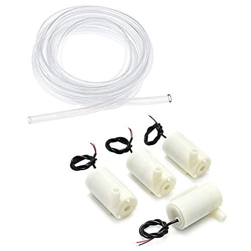 4Pcs Micro Submersible Mini Water Pump DC 3V 5V with 3 metres Clear Vinyl Tubing Set, Low Noise Brushless Motor Pump, New Water Pumps for Fish Tank Garden Plant