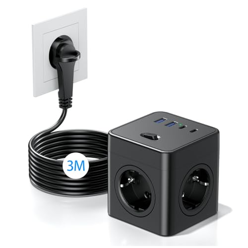 Cube Multiprise 8-en-1 avec Interrupteur, 4 Prises avec 2 USB-A et 2 USB-C, multiprise Power Cube avec Anneau de Traction, câble de 3m pour la Maison/Le...