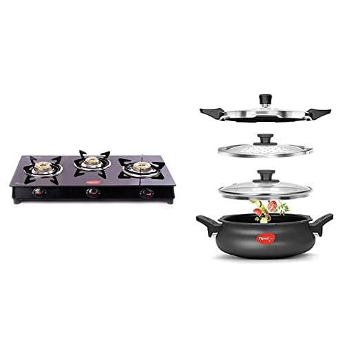 Pigeon by Stoverkraft Glass Top Aster 3 Burner and All in One Super Cooker 620-H Hard Anodised Aluminum Pressure Cooker (Black, 3 L)