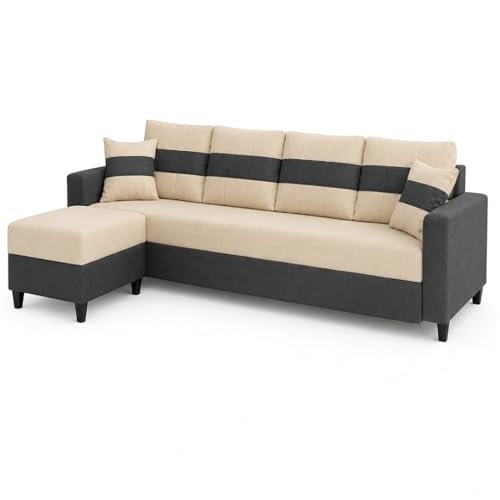Image of Cavona 5 Seater L Shape Sofa Set with Movable Ottoman | Flexible Layout | Luxury Velvet Suede Fabric | Modern Living Room Sofa | Cream-Dark Grey