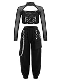 winying Girls Long Sleeve Mesh Spliced Sequin Dance Crop Top with Cargo Pants Hip Hop Jazz Performance Costume Black 8 Years