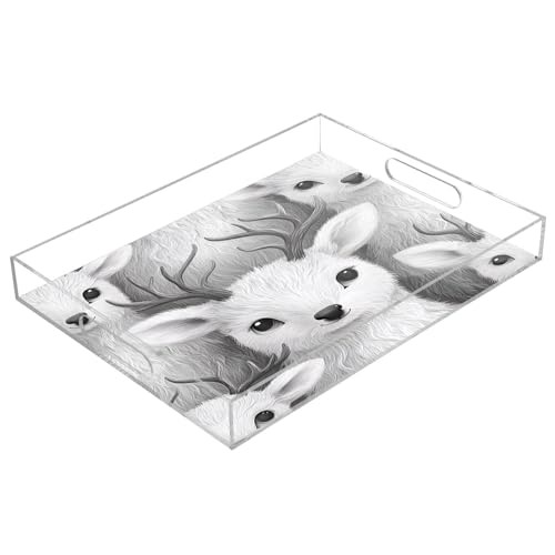 Msyxl Cute Deers Grey Serving Tray for Coffee Table, Decorative Acrylic Tray Cute Deers Grey Tray with with Handles for Breakfast, Ottoman, Countertop, 12x16 in