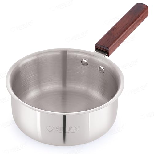 Image of NIRLON Woody Triply Wooden Handle Stainless Steel Cookware Sauce Pan 16cm-1.6Ltr|Safe to Use|Uniform Heating|Metal Spatula Friendly(Induction and Gas Stove Friendly)
