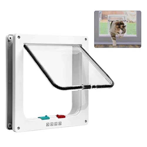 Katzentür für Fenster, Haustiertüren, Katzenklappen mit 4-Wege-Schloss wetterfest-einfache Installation Cat Klappe für dünne Tür und Wand PVC Innentür, Ziegelwände（6.7in x 6.3in）(Color:weiß)