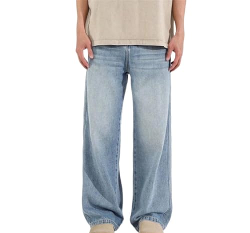 Men Baggy High Waisted Wide Leg Washed Denim Pants Vintage Casual Straight Trousers Streetwear