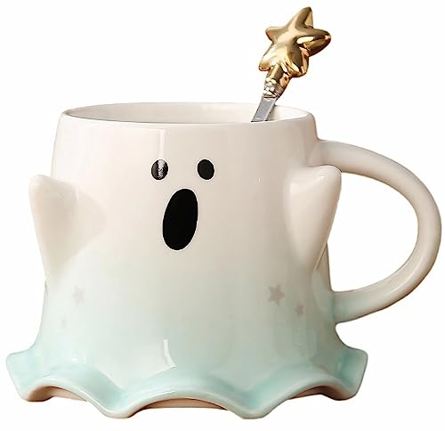 KKGUD Novelty Tea Cup, Ceramic 15.5oz Halloween Coffee Mug with Spoon- Scary Ghost (Green)