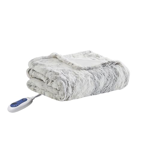 Beautyrest Zuri Reversible Faux Fur to Mink Electric Blanket, Auto Shut Off, Virtually Zero EMF, Multi Heat Setting, UL Certified, Machine Washable, Natural Marble Throw 50x70