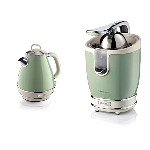 Ariete Vintage Bouilloire Électrique Inox 1,7 L (2869) et Presse-agrumes Vintage avec levier (413) – 2 cônes, bec anti-goutte, moteur silencieux, vert