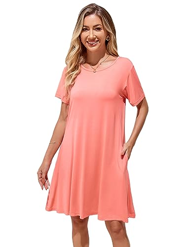 Image of Women's Summer Dresses 2026 Casual T Shirt Dress Short Sleeve Loose Flowy Sundress Swing Tunic Dress with Pockets Melon Red