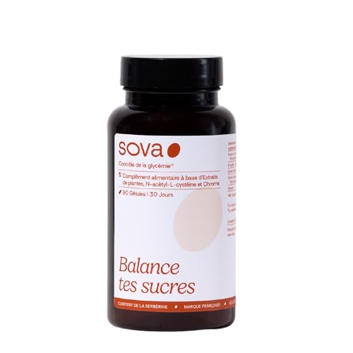 SOVA - Balance Tes Sucres - Glycémie sous contrôle - Berberine, Gymnema sylvestre, Cannelle de Ceylan, N-Acétyl-L-Cystéine & Chrome - Made In France - 90 Gélules