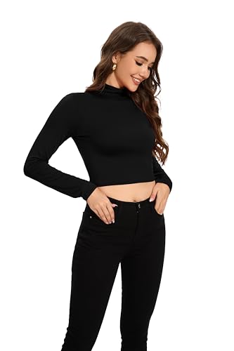 MadHeart Camisetas femininas de manga comprida cropped slim fit gola redonda camada base, Preto, Lar