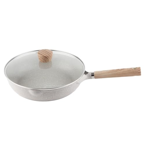 MINGZHE Me dical Stone Wok,Nonstick Large Capacity Egg Pancake Frying Pan for Kitchen,28cm Me dical Stone Frying Pan,Die cast Induction Woks and Stir Fry Pans with Glass Lid