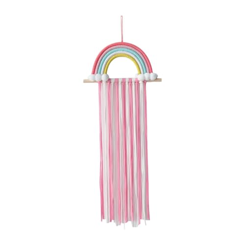 Simhoa Macrame Bow Holder Hair Bow Organizer for Girls Hair Bows Wall Decor Woven Hanging Rainbow Clip Organizer Decor Bow Hanger, Pink