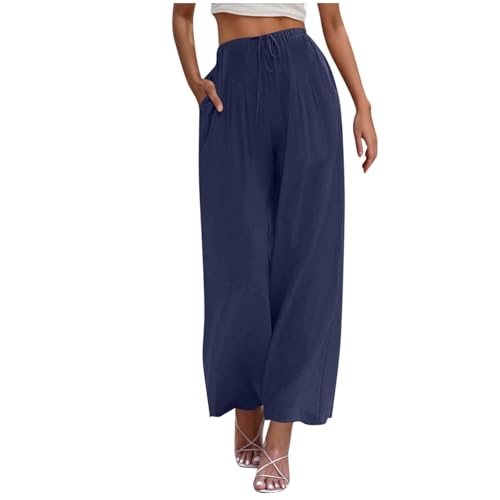 Hvyesh Flowy Linen Pants Women Wide Leg High Waisted Palazzo for Summer Beach Vacation Clothes Women's Casual Trousers