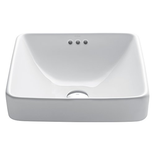 KRAUS Elavo Square Semi-Recessed Vessel White Porcelain Ceramic Bathroom Sink with Overflow, 16 1/2 inch KCR-281