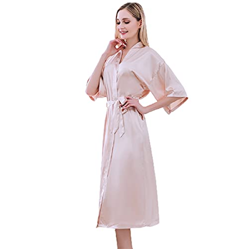 ASDFGHJKL Albornoces para Mujer,Mujer Kimono Vestido Satén Larga,Camisón para Mujer Sedoso Bata De Novia De Color Puro Cárdigan Suelto Kimono Yukata,Pink-L Cover