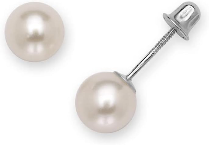 Jewelryweb Solid 14k White Gold Round Freshwater Cultured Pearl Stud Screw Back Earrings (3mm - 8mm)