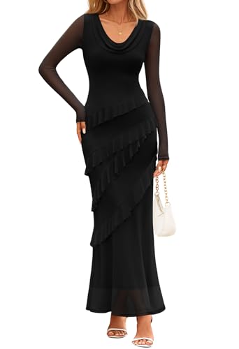 MEROKEETY Women's Fall 2025 Bodycon Maxi Dress Cowl Neck Long Sleeve Mesh Ruffle Wedding Guest Cocktail Dresses
