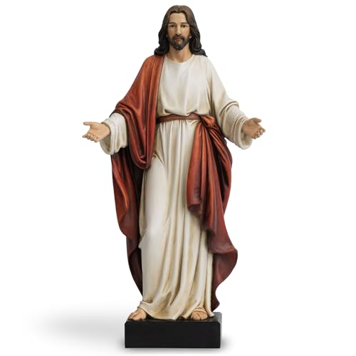 ShineOnAngel 12 Inch Jesus Statue with Open Arms Hand Painted Jesus Christ Figurine in Red Robe Realistic Christian Religious Resin Home Dcor