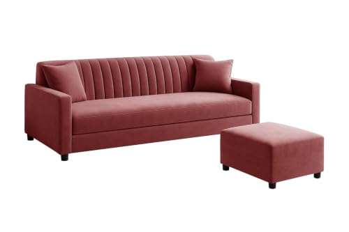 Image of Modern Three Seater Wooden Sofa Set with Ottoman, Soft Velvet Upholstery, Comfortable Couch for Living Room, Office & Apartment - Rose Pink Color