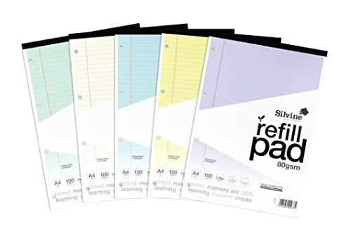 Recambios Silvine A4 para dislexia de varios colores con líneas y margen para carpetas de anillas