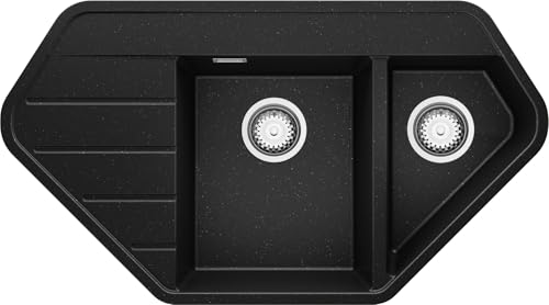 PRIMAGRAN Evier Cuisine en Granit Noir Métallisé 90x50cm, Lavabo 1,5 bacs + Kit de Vidage, Évier à Encastrer au Meuble 70cm - Copenhague S004